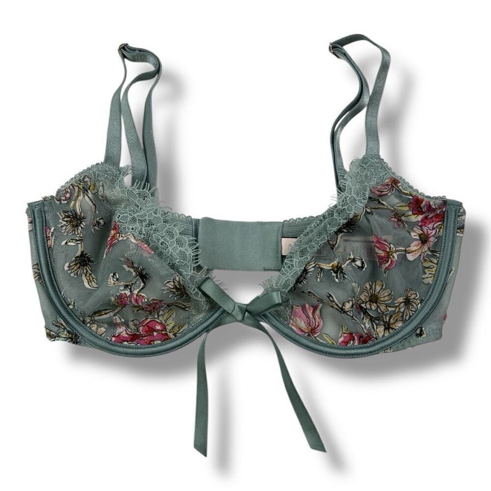 Victorias Secret Dream Angels Low Cut Demi Lace Floral Green Bra Size 32DD